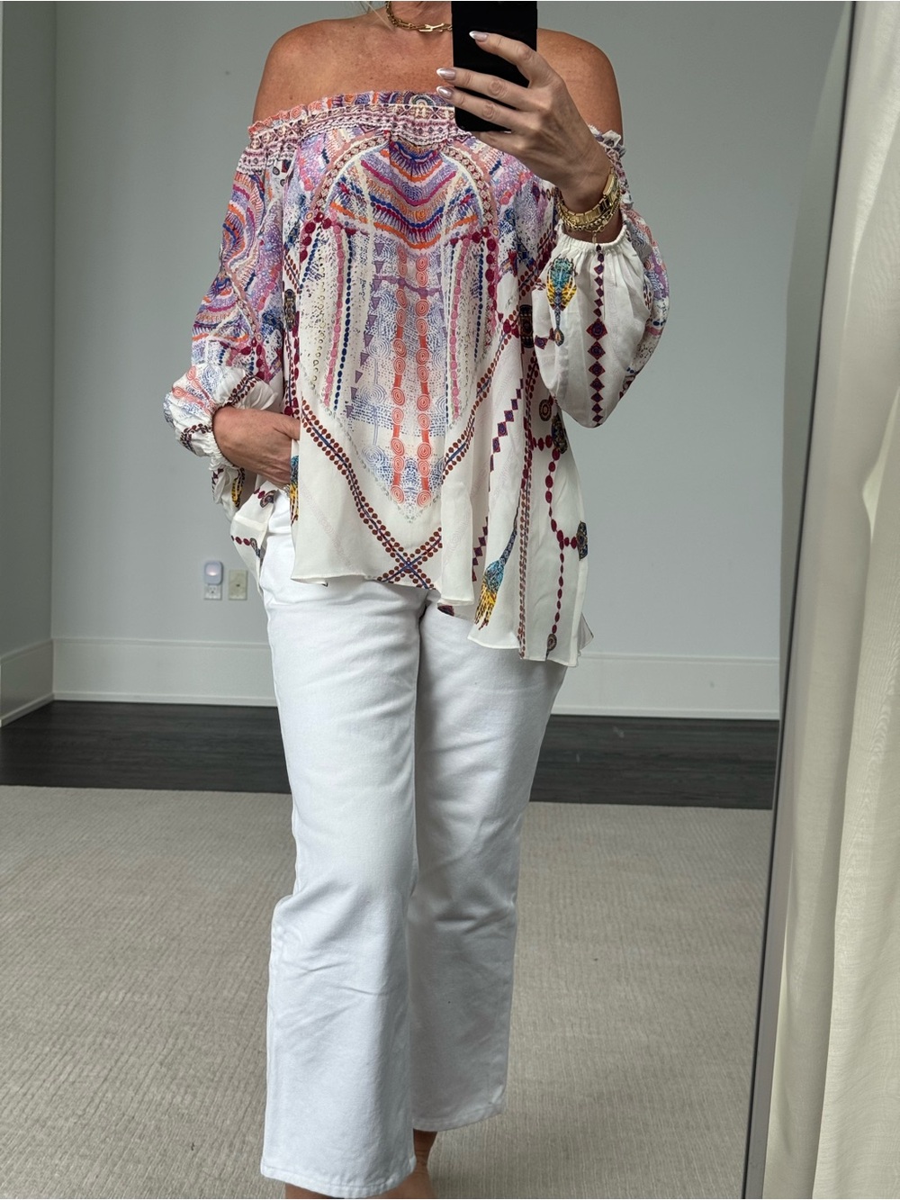 Camilla silk White and Multicolor Off-Shoulder Printed Blouse